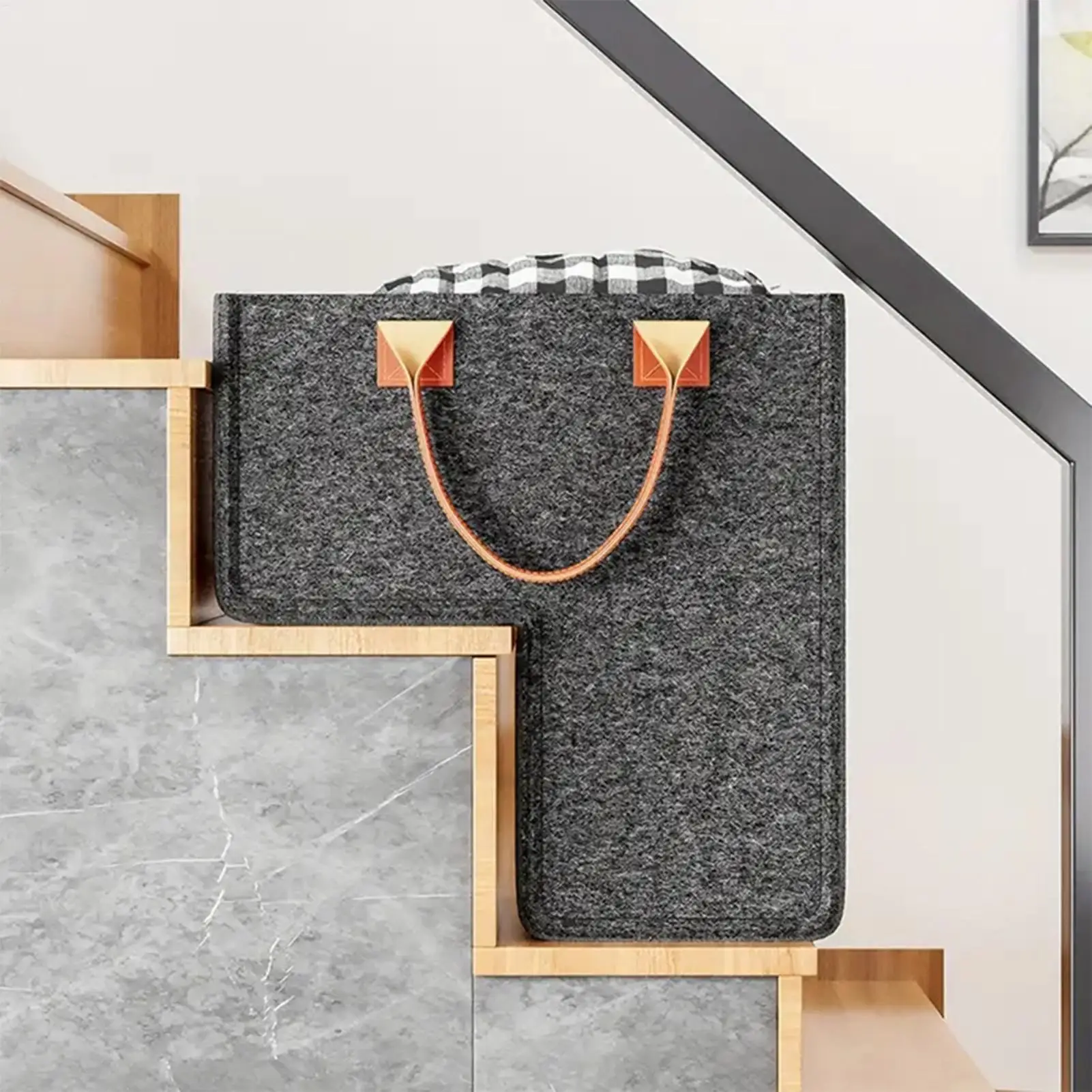 L Shaped Felt Stairsteps Basket Space Saving Storage Bag with Durable Handles Clothes Washable Ladder Basket