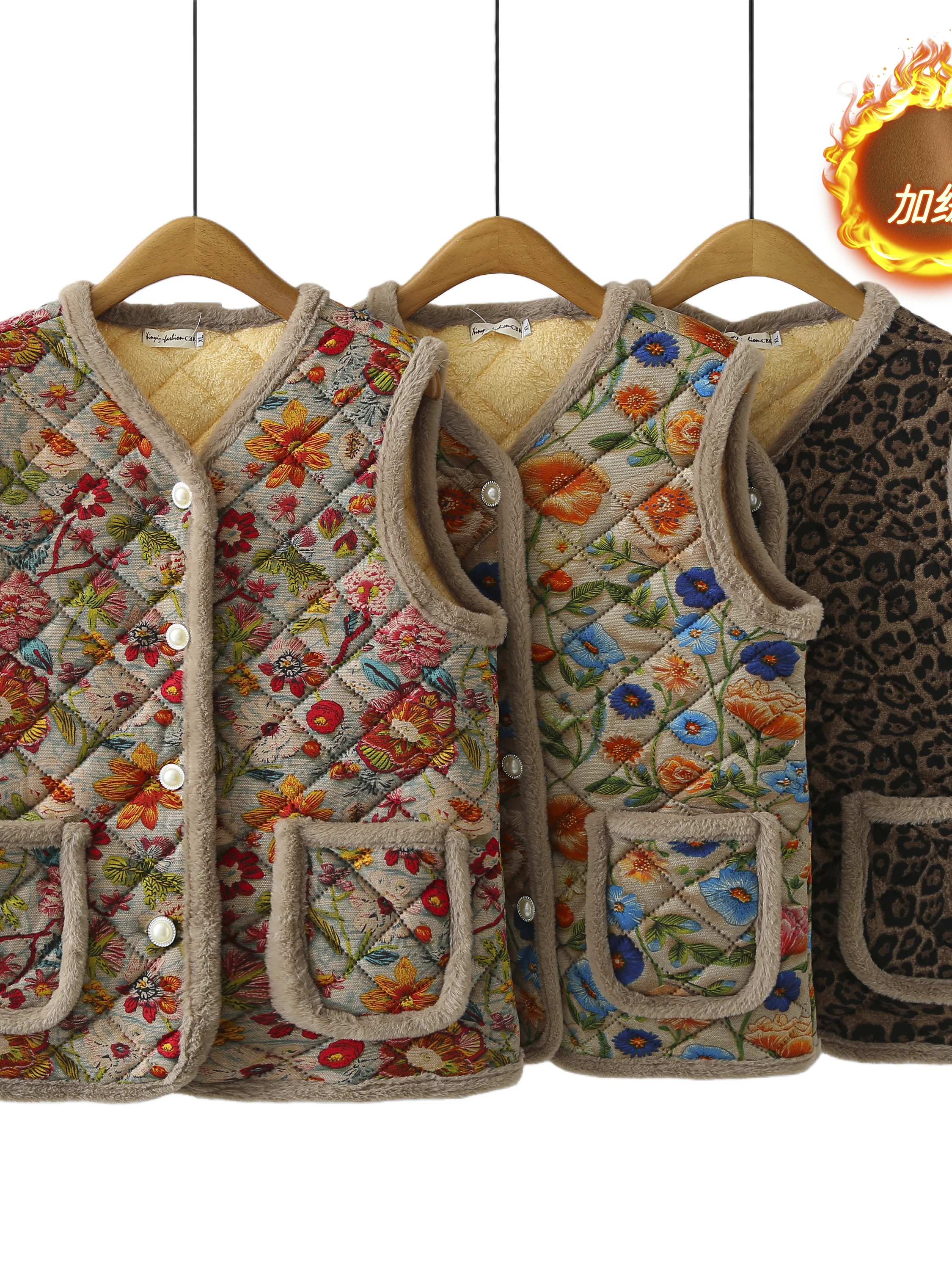plus Size Women's Fleece Lined Ethnic Style Vest Autumn Winter plus Size Fashion Slimming Vest Comfortable Polyester Blend