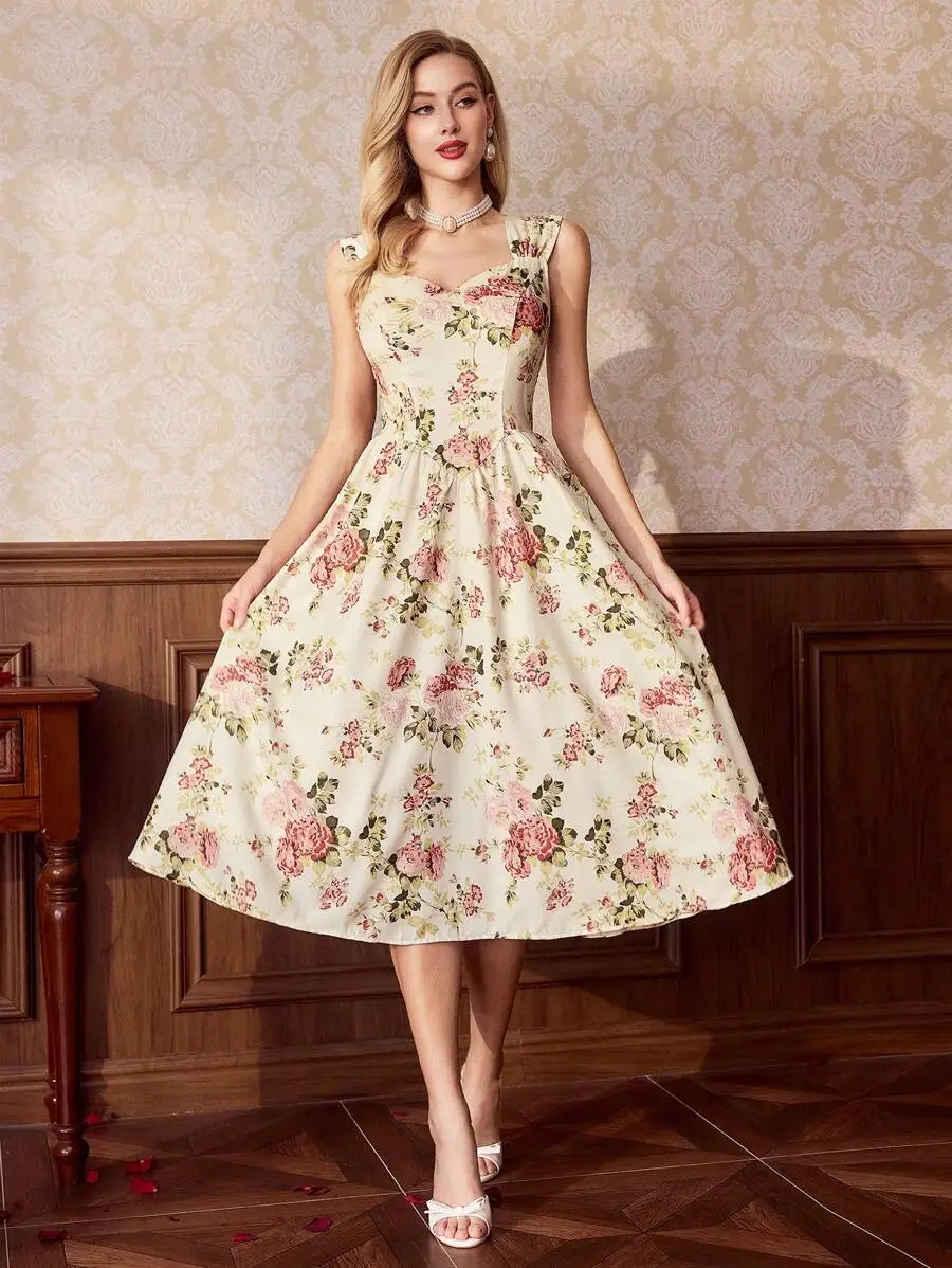

Vintage Floral Print Sleeveless Heart Neck A-Line Tea-Length Dress with Pockets