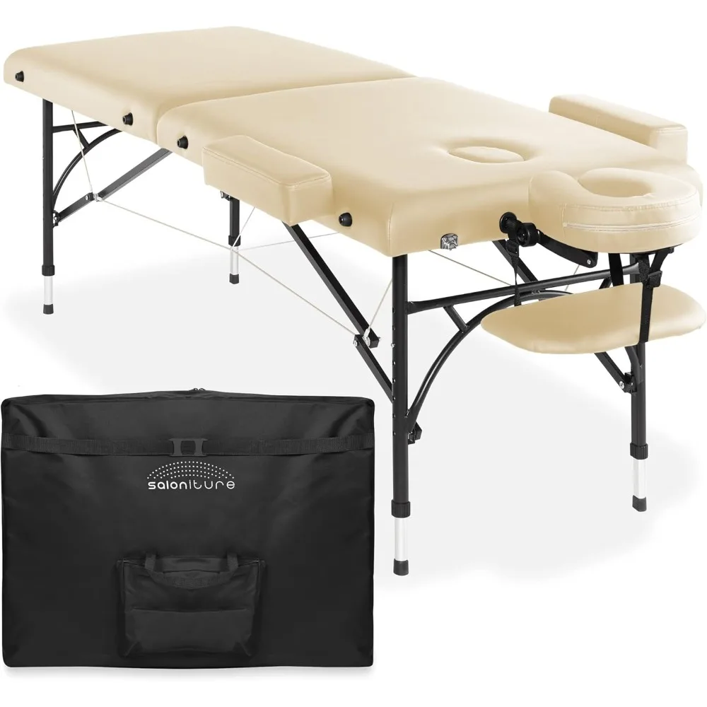 

Professional portable lightweight aluminum leg double folding massage table, including headrest, facial cradle, armrest
