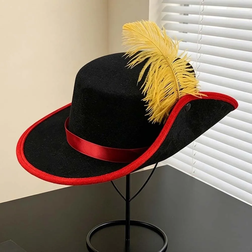 Felt Cavalier Top Hat Wide Brim Flat Top Feather Stage Cap Retro Style Black Masquerade Headwear Photo Studio Prop