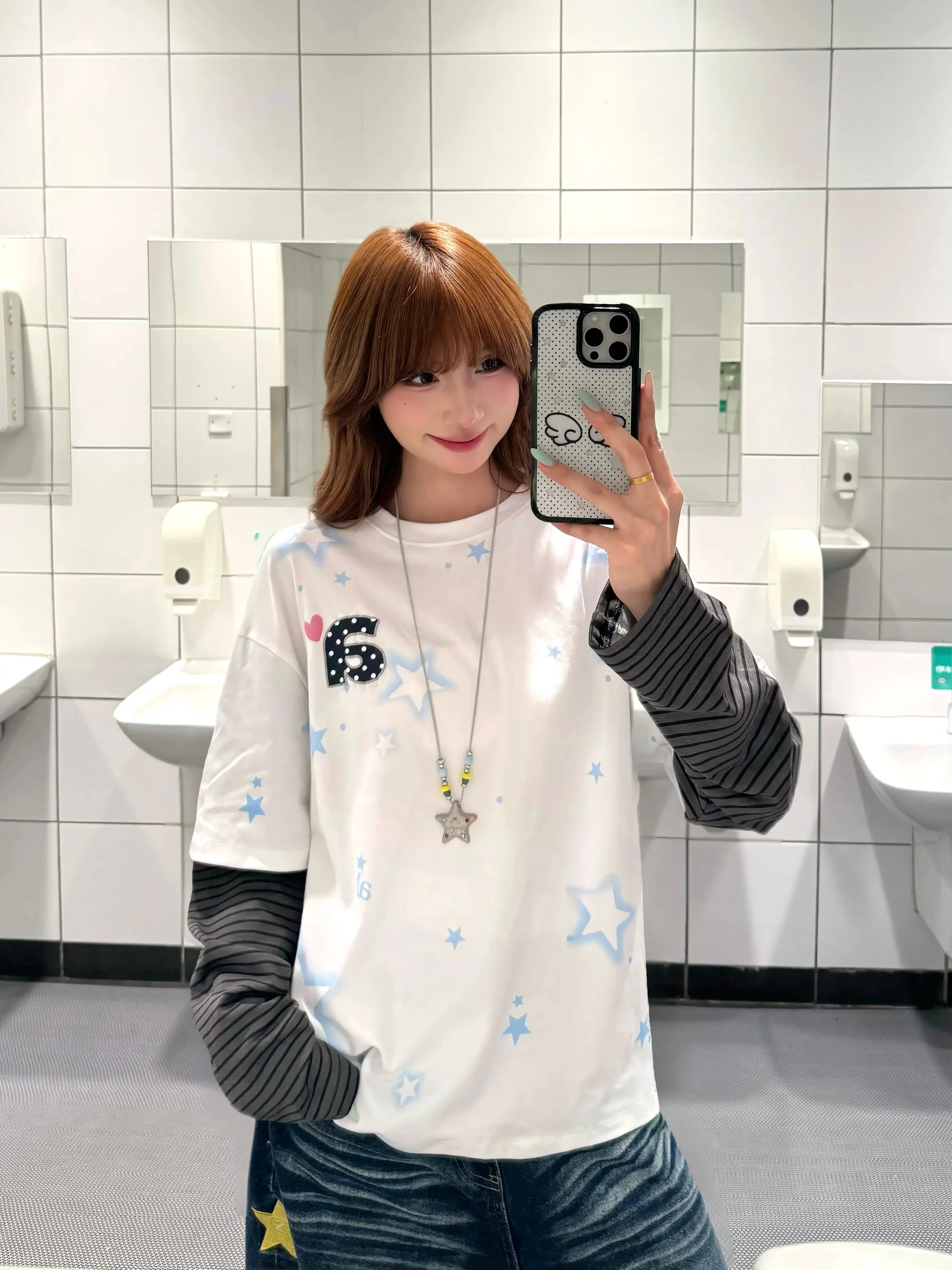 American Retro Star Print Long Sleeve Loose Fit Women's Striped Patchwork T-shirt Casual Classic Style round Neck Top