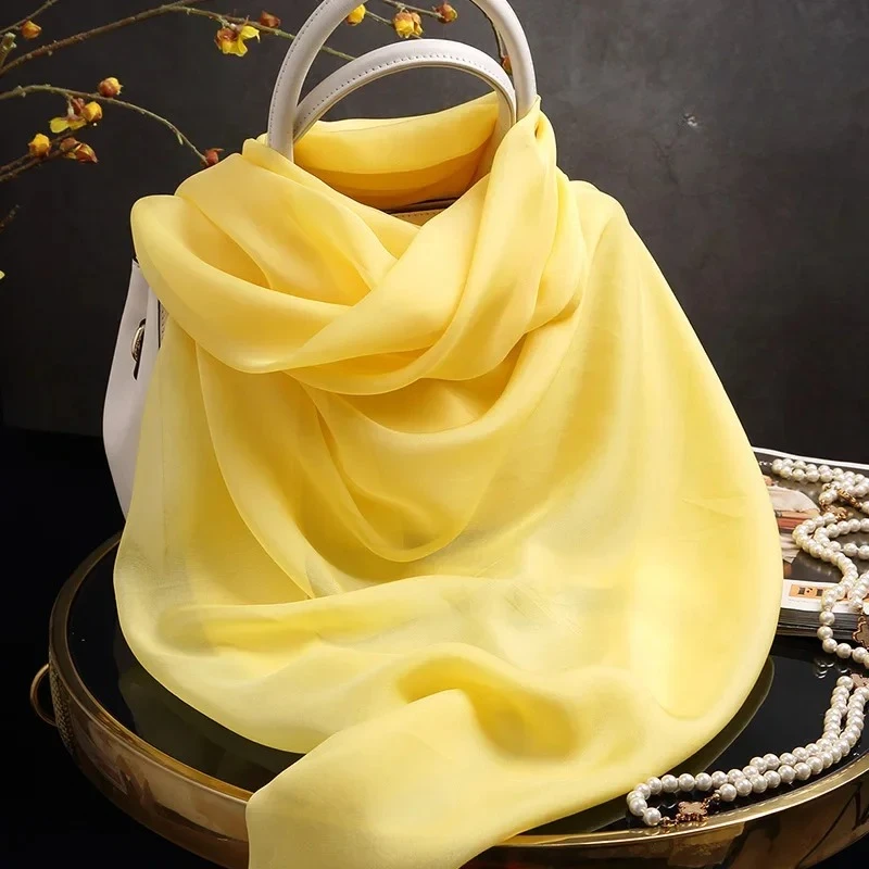 100% ผ้าพันคอผ้าไหมแท้ผู้หญิง Foulard Femme Lady ผ้าไหม Shawls Wraps สําหรับสุภาพสตรี Neckerchief ผ้าไหมชีฟองผ้าพันคอสีเหลือง