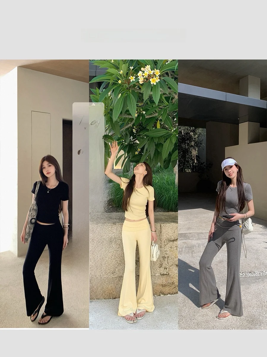 

Ibell Zhang High Elastici Lazy Person Set Slimming ort T Double Layer High Waist Micro Flare Pants Faionable Women's En...