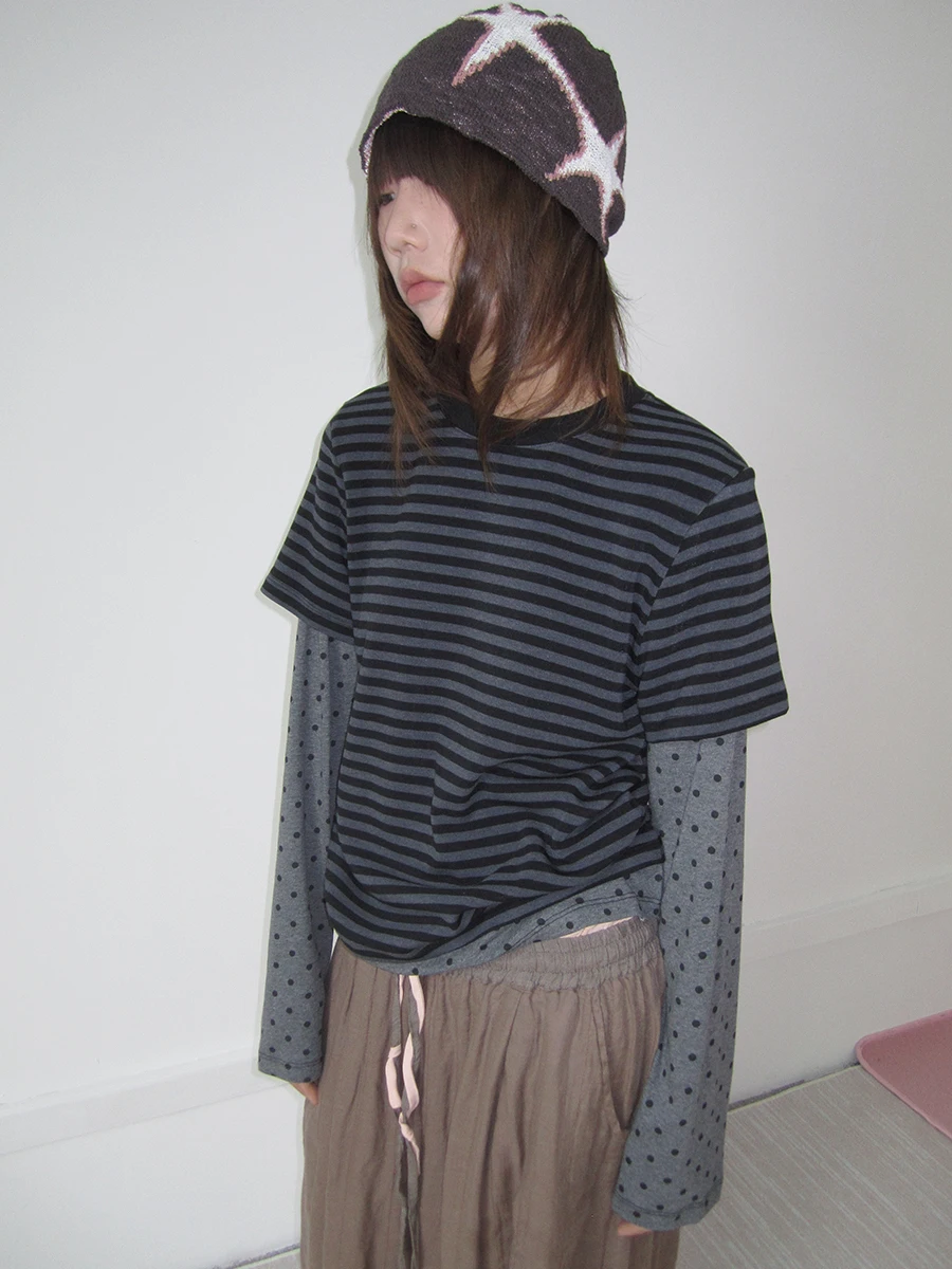 

Korean Sle Long Sve T-irt Women's Patchwork Striped Polka Dot Fake Two-Piece Versatile Cotton Blend Breathable Tee