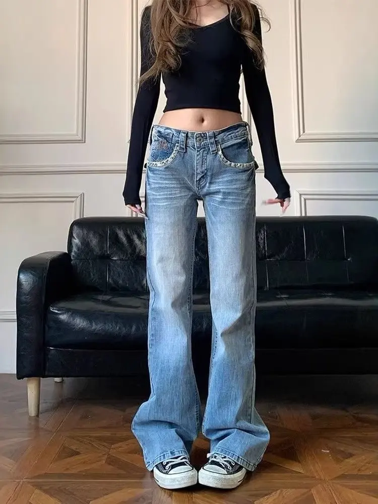 Retro American Leopard Print Patchwork Low Waist Straight Leg Jeans Women's High Street Design Slimming Skinny Version Pants