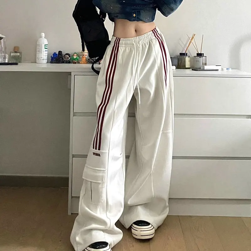 

Young Style Streetwear Trend Women Clothing Loose Casual Solid Patchwork Striped Pocket Elastic Waist Straight Wide Leg Pants