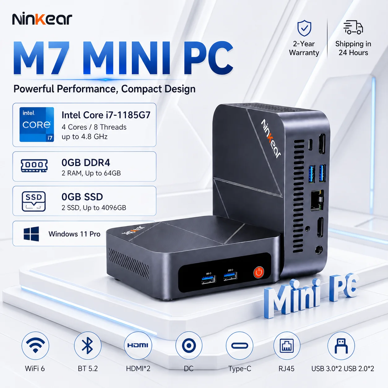 Ninkear M7 Mini PC Intel Core i7-1185G7, 0GB+0GB SSD, Triple Screen 4K Display Mini Computer, Windows 11 Pro Business Desktop PC