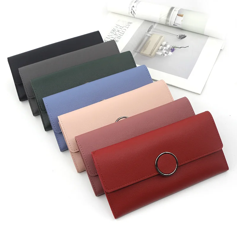 Cartera de cuero para mujer, cartera larga de cuero Pu con cremallera, decoración circular de Metal, monedero con cerrojo para mujer 2024