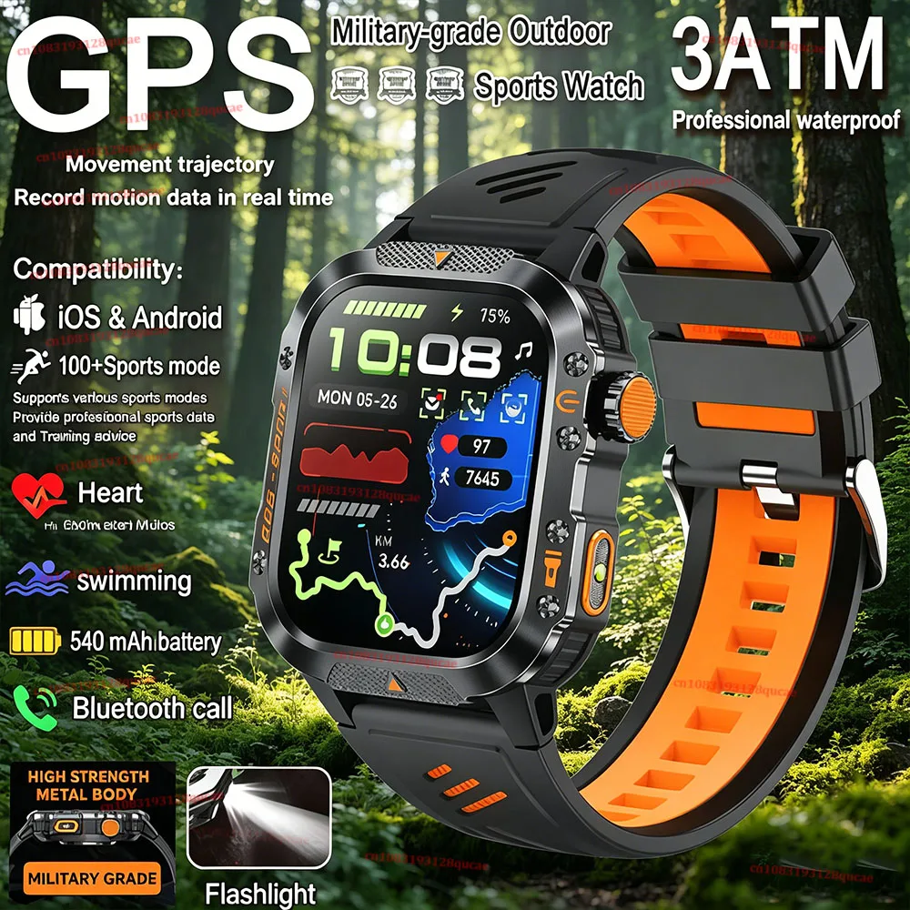 

2026 Rugged Military Smart Watch Men's Outdoor Watch LED Flashlight 2.01'' HD Touch Screen Voice Bluetooth Call Smartwatch Gifts