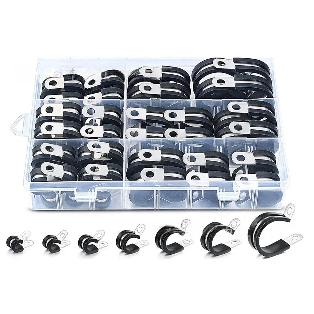 60PCS Cable Clamp 7 Sizes Stainless Steel Rubber Coated Cable Clamps Assortment Kit-Metal Wire Clamps Cable Clips Pipe Clamps