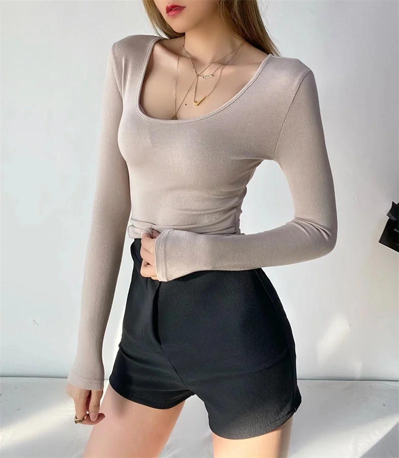 الأمريكية Sle مضلع سليم صالح طويل Sve تي شيرت المرأة عالية الخصر الخريف الشتاء مثير البطن زر التعرض ort طول L... #2