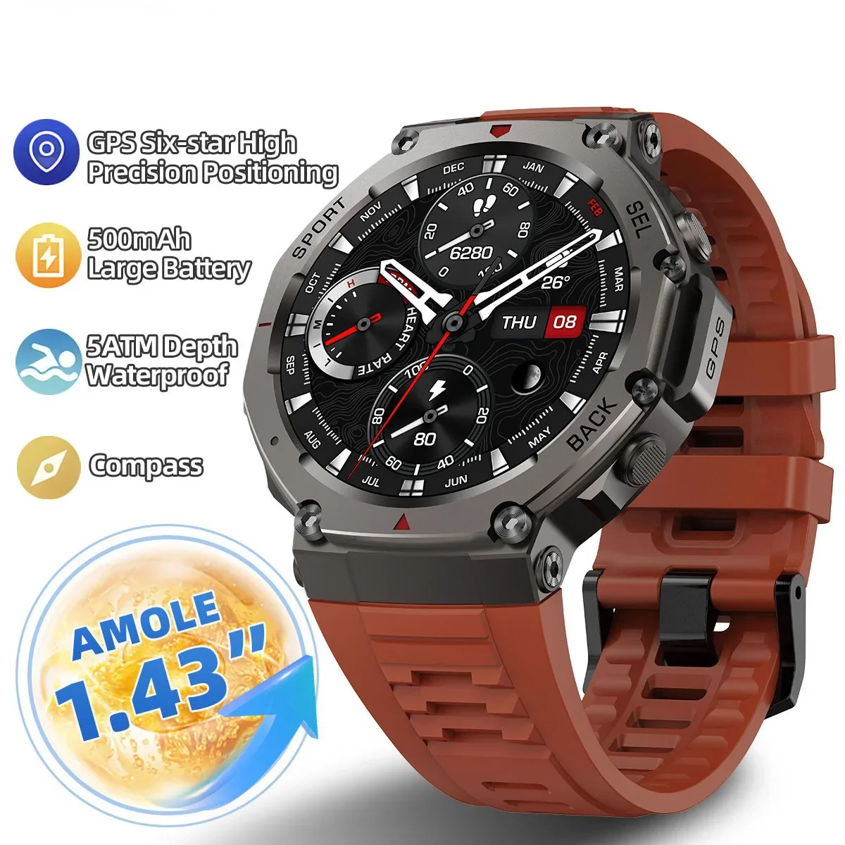 Reloj Inteligente Militar 2025 para Hombre, AMOLED de 1.43 Pulgadas, Resistente al Agua 5ATM, Más de 170 Modos Deportivos, GPS Integrado, Llamadas por Bluetooth, para Xiaomi y Samsung