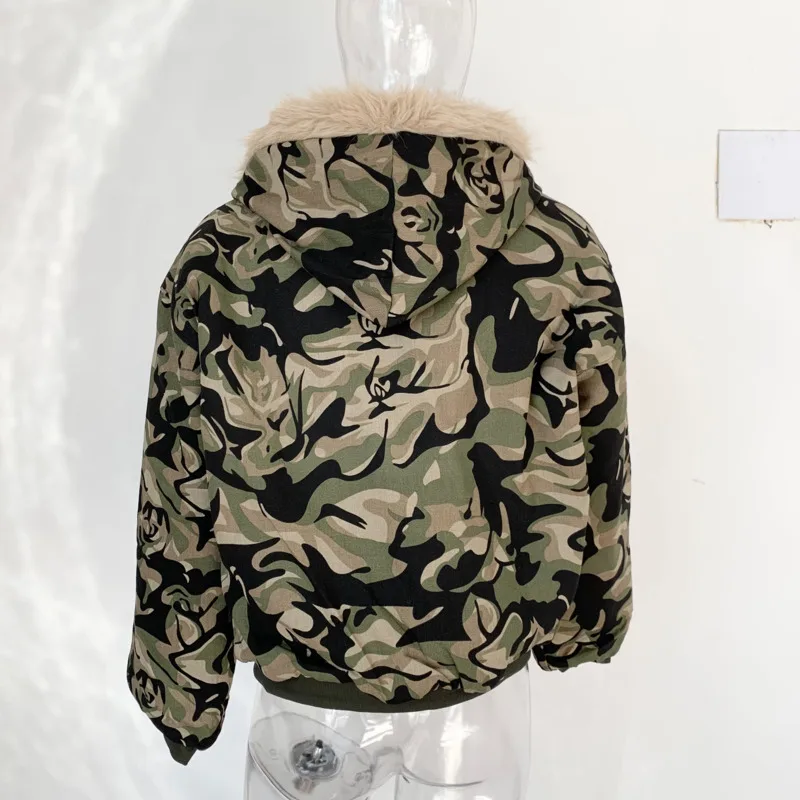 FEWQ Lose Gewaschen Camouflage Männer Baumwolle Jacke 2024 Mit Hut Kontrast Farbe Langarm Casual Männlichen Tops Mode 24E2840