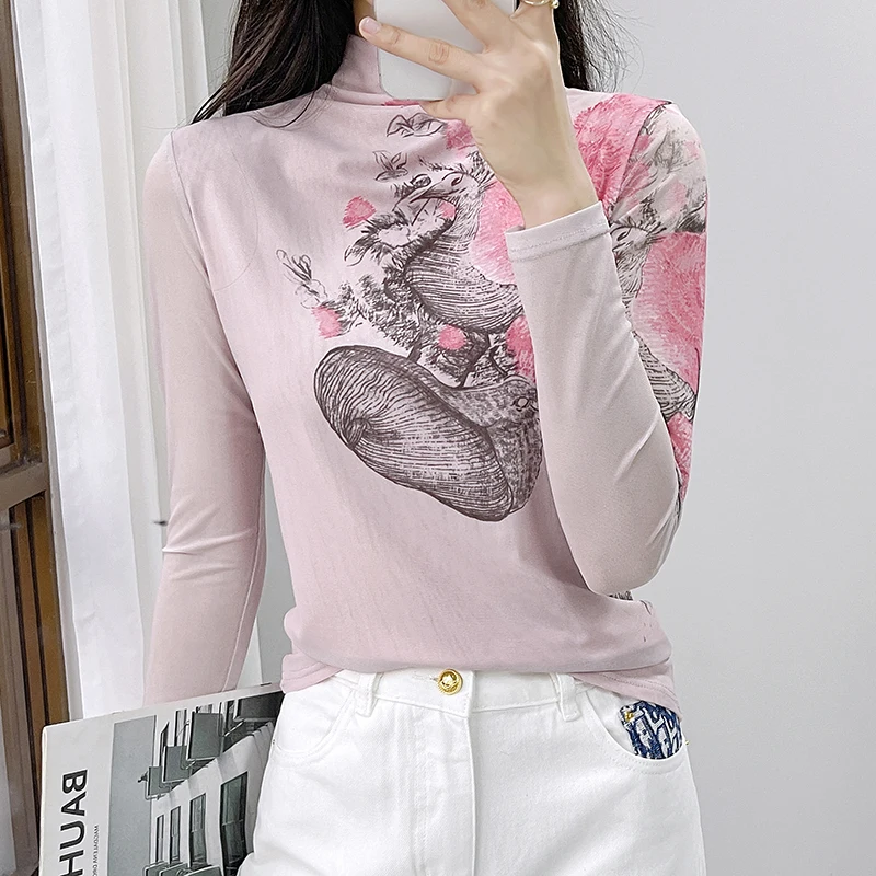 

Y2K топ с принтом, женская сетчатая футболка в западном стиле с высоким воротом и длинными рукавами, осенне-зимняя одежда