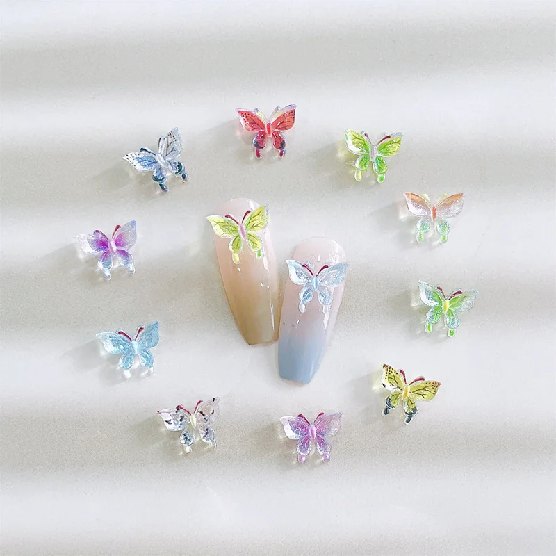 10pcs Korean Ice Transparent Butterfly Nail Art Charms 3D Cartoon Rhinestones Resin Jewelry Nail Decoration DIY Kawaii Accessory