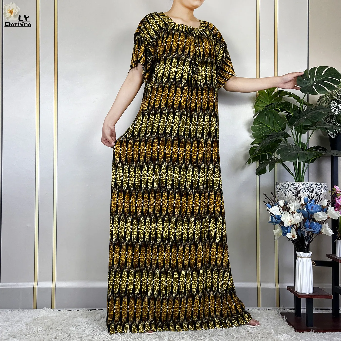 2024 New Muslim Dubai Fashion Women Cotton Dresse With Big Scarf For Women Maxi Summer Short Sleeve Loose African Abaya Clothing