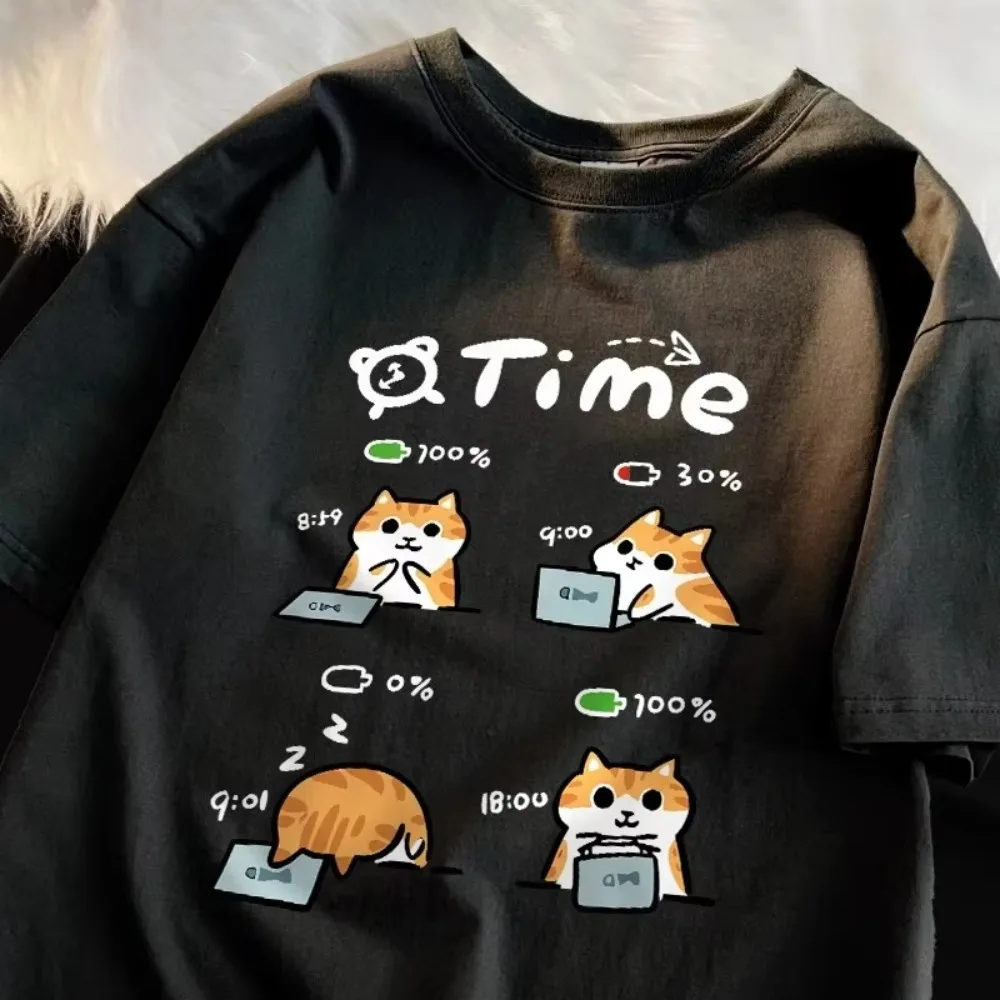 A Day When The Working Cat's Battery Is Low Printed Men and Women Round Neck T-Shirts Cartoons Prints Soft Summer Clothes Tops