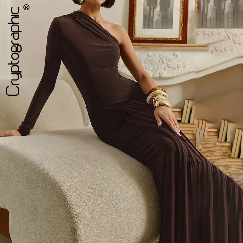Cryptographic elegant one shoulder maxi party dress winter outfits