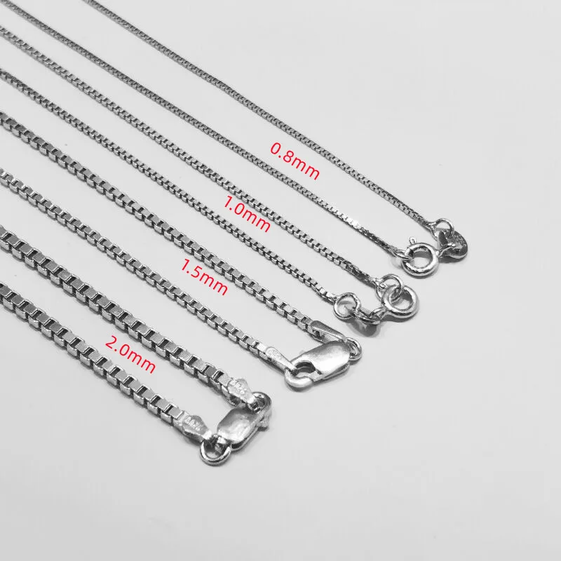 0.65mm-2.0mm Solid 925 Sterling Silver Box Chain Necklace 50cm for Women Men Jewelry Rhodium Plated