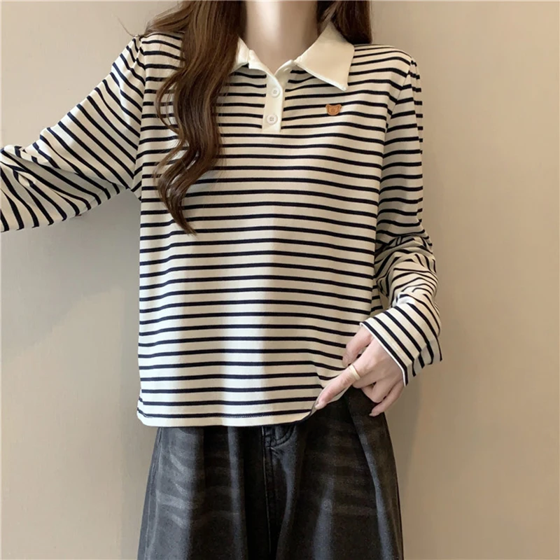 Gidyq Stripe Women Pullover T Shirt Korean Casual Patchwork Long Sleeve Tees Harajuku Female Fashion Button Tops Autumn New