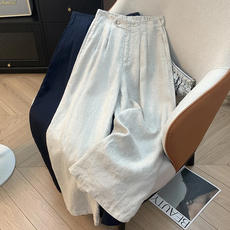 กางเกงขายาวผ้าลินินทรงตรงเอวสูงสำหรับผู้หญิง ป้องกันแสงแดด มีซิปและกระดุมเดี่ยว ทรงขาบาน