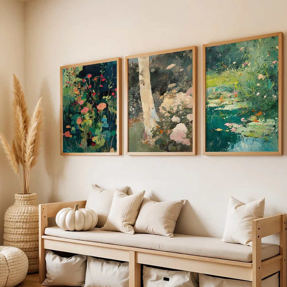 3PCS frameless decorative art print,Boho Wall Arts Floral Garden Posters Water Lilies Canvas Prints Nature Wall Decor Canvas Art