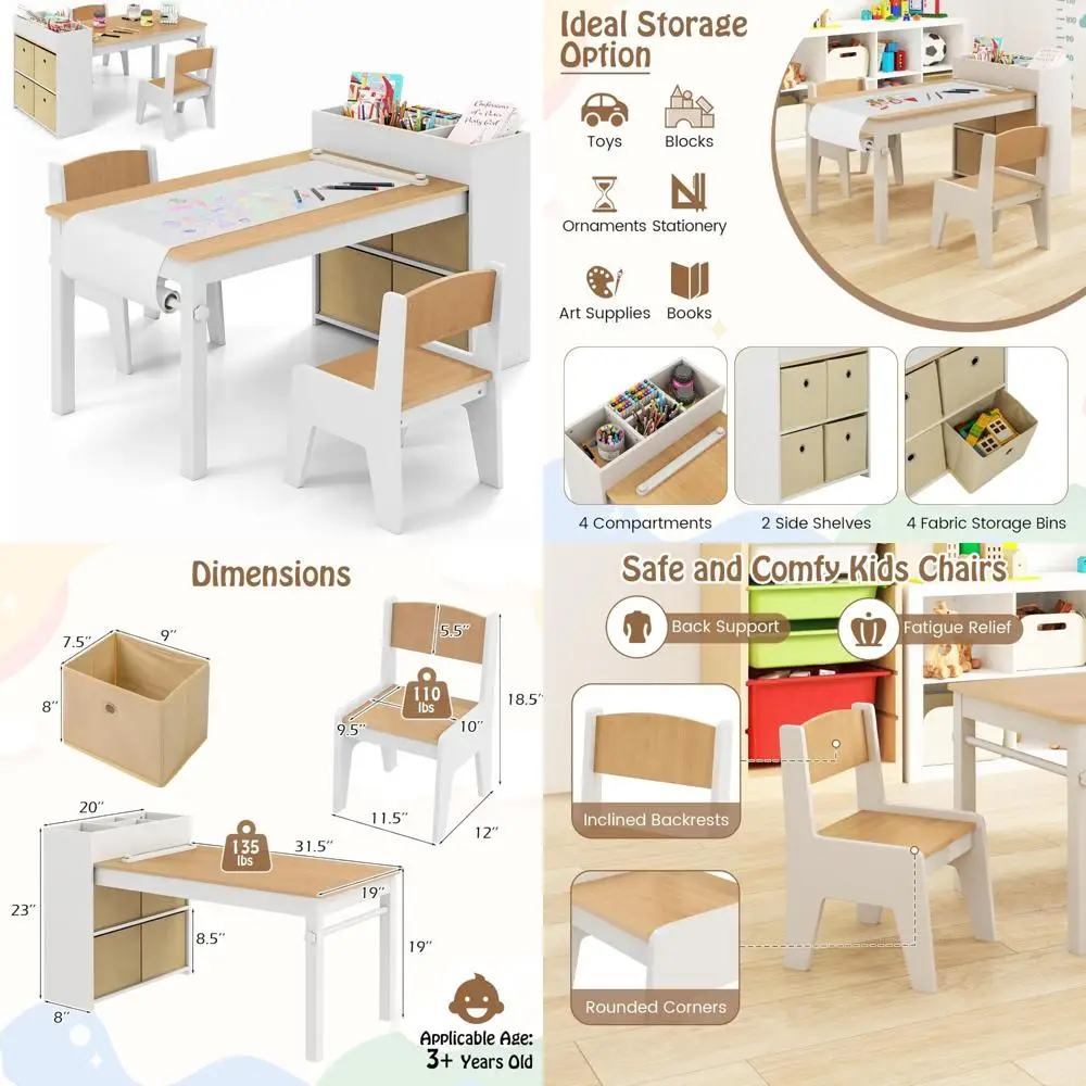 

Kids Table and Chairs, 3 in 1 Wooden Art Drawing Table with 2 Chairs, 4 Fabric Bins, Multiple Open Storage Compartments & a Pap