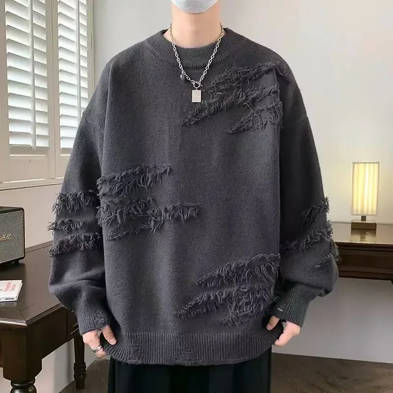 

Autumn and winter men's sweater with fleece crewneck pullover thickened warm knit sweater with men's undercoat