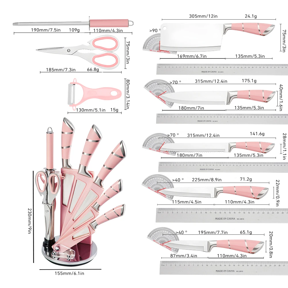 MDHAND 9 Pcs Kitchen Knives Set With Acrylic Stand Chef Bread Cleaver Paring Knife Scissors Sharpener Meat Chopping Vegetable
