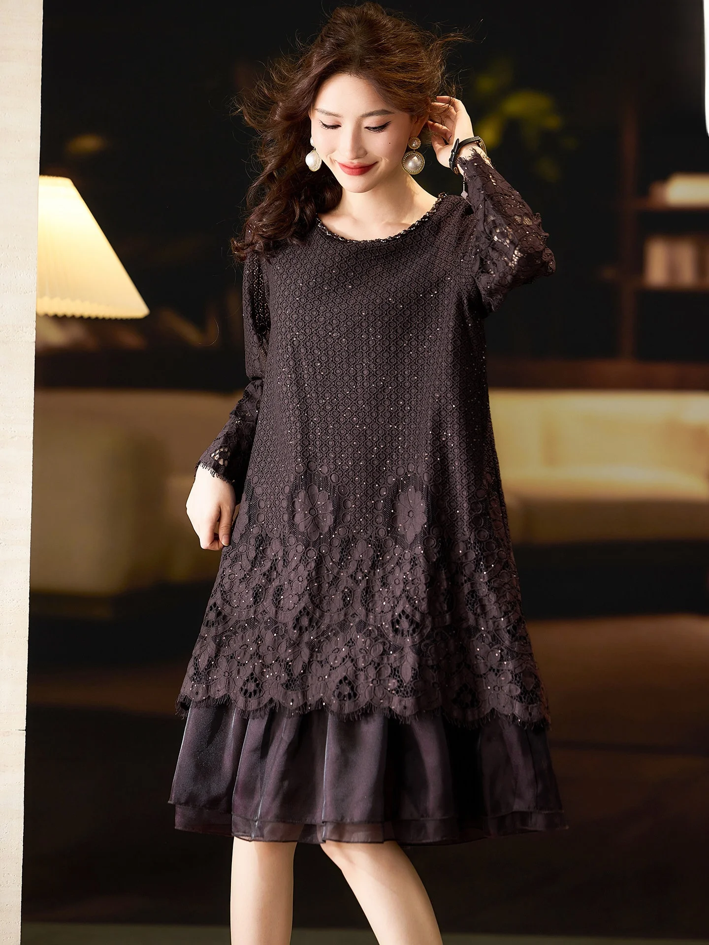 

Street Style Lace Patchwork Long Sleeve A-Line Dress Women's plus Size Spring New Arrival Breathable Comfortable Polyester Fa...