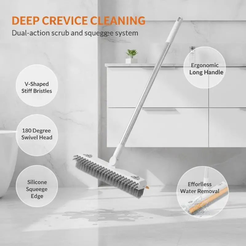 3 In 1 Hard Bristle Floor Scrub Brush with Squeegee Rotatable Cleaning Tool for Tile Wall Bathtub Stain Removal
