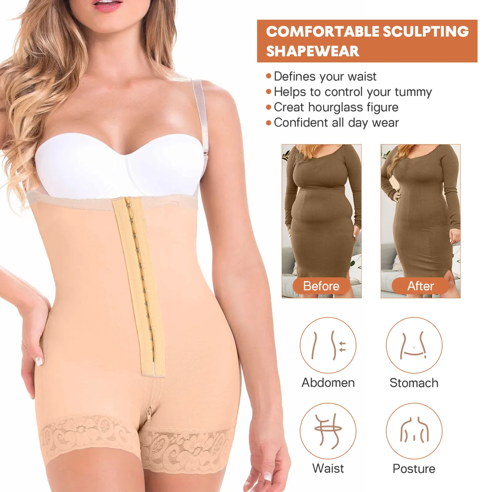 

Shapewear Bodysuit Black Women Tummy Control Breathable Materials Front Zipper Design Underclothes Wardrobe