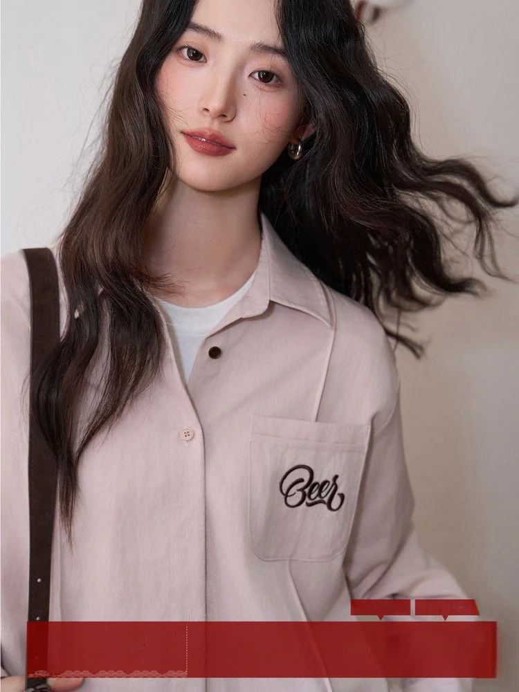 

Женская рубашка MoZao с длинным рукавом, вышитым воротником с надписью, свободного кроя, стройнящая, премиум-класса, для повседневной носки, в корейском стиле