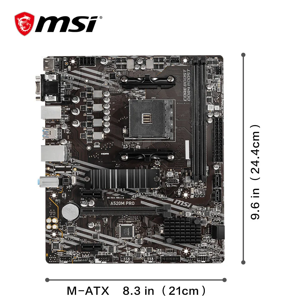 MSI AMD a520m Pro bo mạch chủ hỗ trợ Ryzen CPU R3 R5 R7 5000 & 3000 Series Mainboard AM4 M.2 NVMe kênh đôi DDR4 hoàn toàn mới