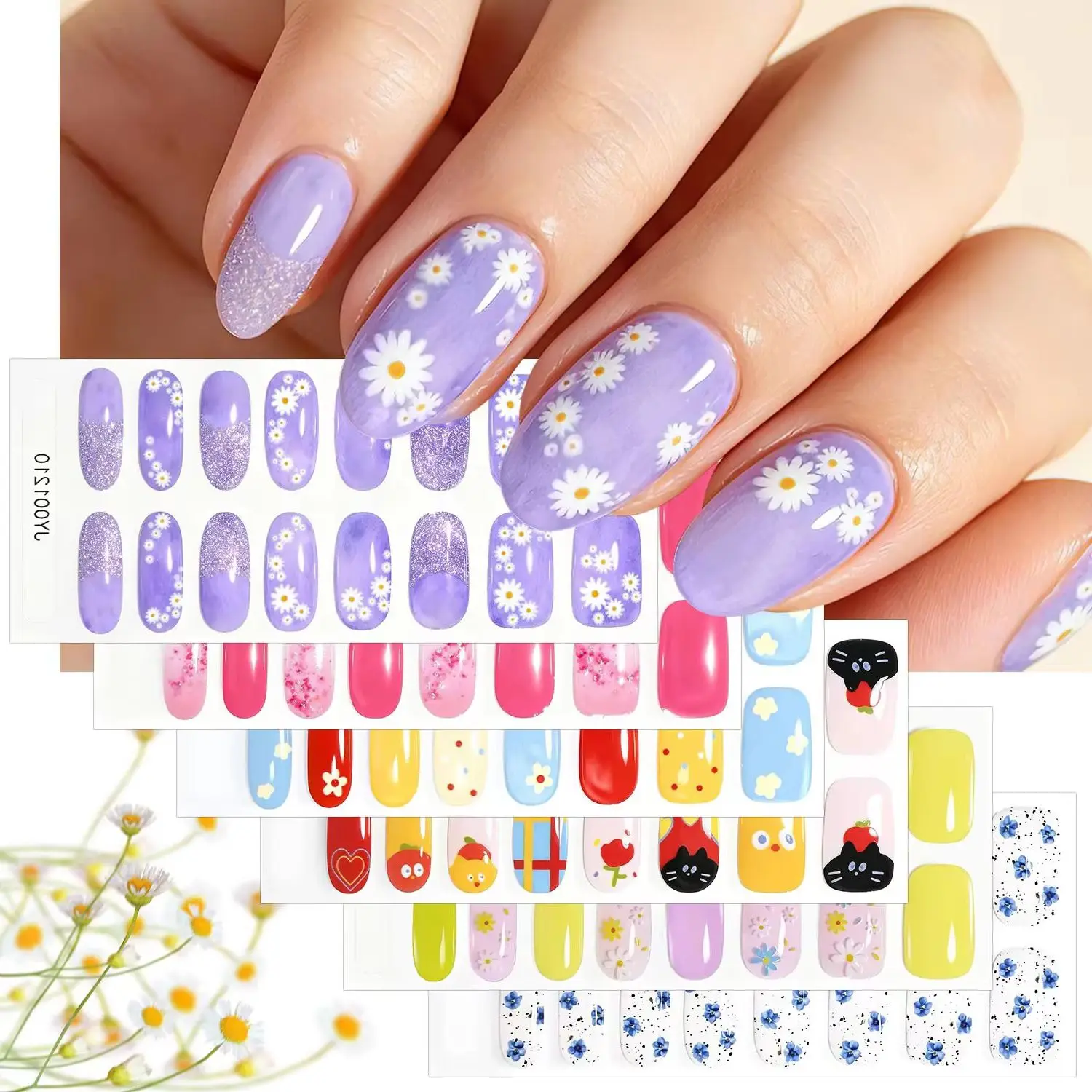16Tips Cherry Daisy & Sakura Design Nail Wraps Simple Nail Art Stickers Self-Adhesive Full Cover Nail Art Strips Manicure Decors