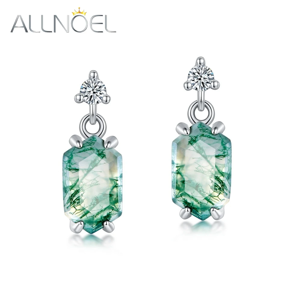 

ALLNOEL 925 Sterling Silver Dangling Earrings For Women Natural Green Moss Agate Unique Wedding Anniversary Gifts Fine Jewelry