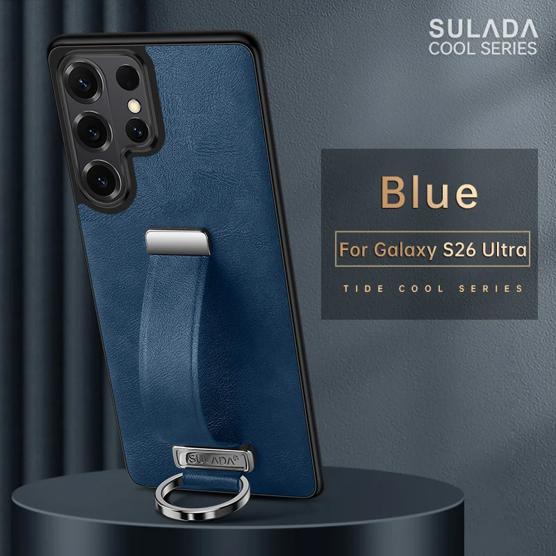 

Leather Phone Case for Samsung Galaxy S26 Ultra S25 Plus S24 Metal Ring Scalable Wristband Holder Camera Height Protection Shell