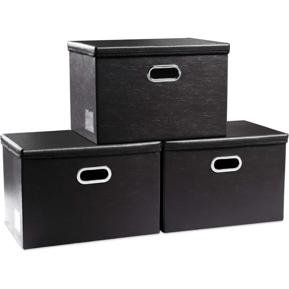 

3 Pack Large Foldable Storage Bins with Lids Leather Fabric Collapsible Storage Boxes Organizer Containers Baskets Cube