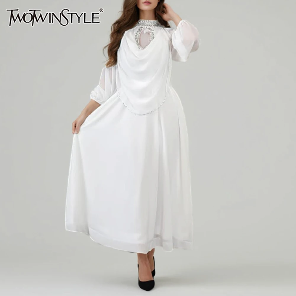Twotwinstyle ソリッドルーズ薄手のスプライシングビーズエレガントなドレス女性のためのハイネック長袖パッチワークひだドレス女性新