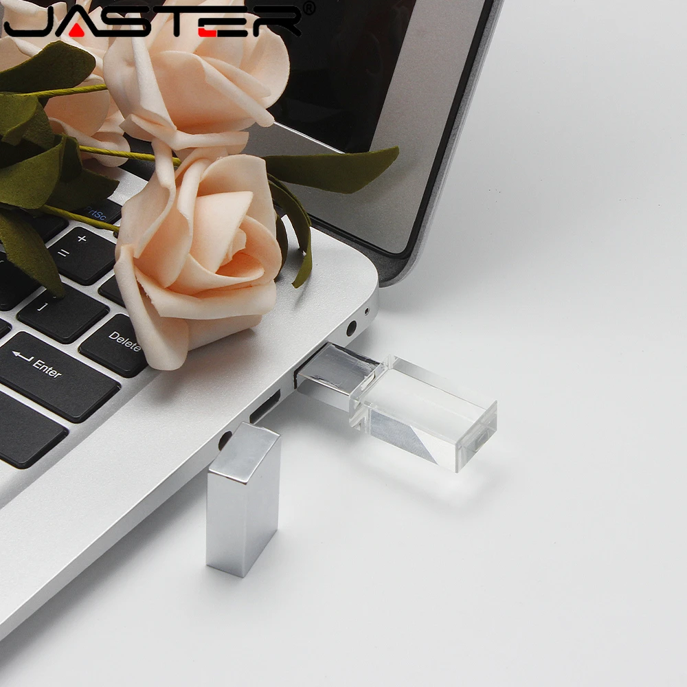 Janks stiker memori kristal USB 2.0, Flash Drive 128GB 64GB dengan lampu LED 32GB 16GB, stik memori kaca bening hadiah pernikahan