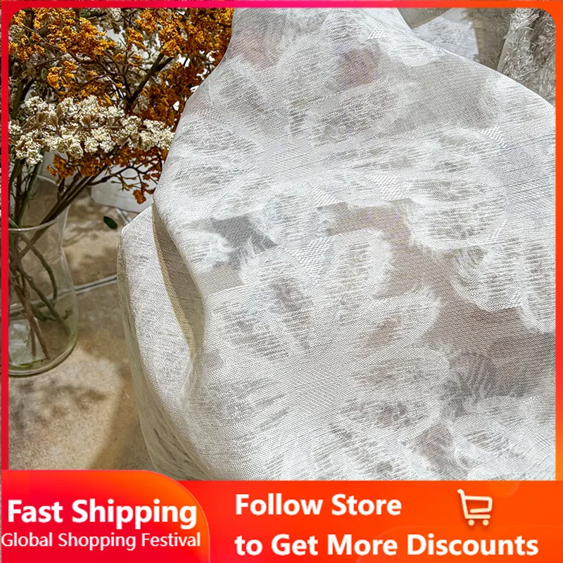 Retro Gray Coffee-cut Flower Base Gauze Leaf Print Gauze Customized Curtain Living Room Light-impermeable Window Screen Window