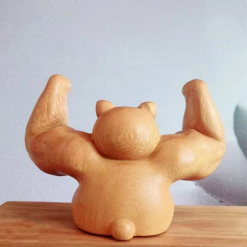 Wood carving Hercules Cat ，Muscles attract wealth Cat figurine Cute Home Room Office Fitness ornaments Featured Gift