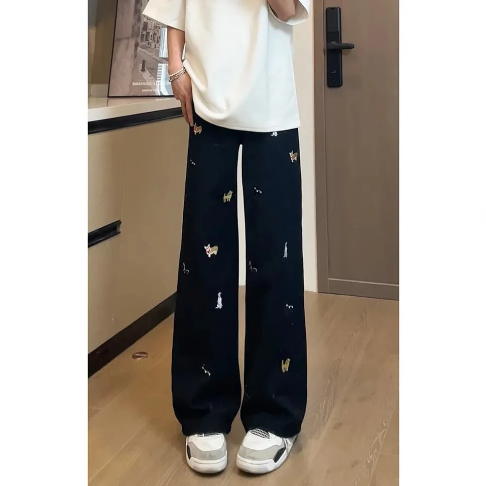 

Retro American Embroidered Dog Straight Leg Jeans Men Women Wide Leg Loose Floor-Length CleanFit Slimming Long Trousers
