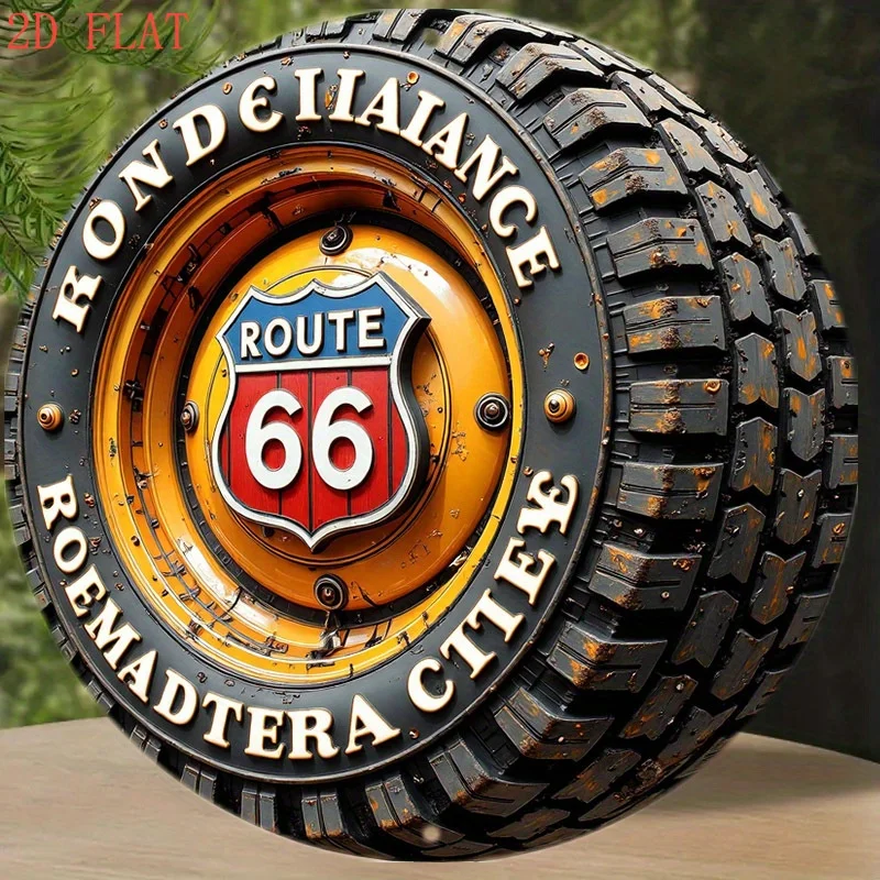 2D Flat, 1pc Vintage Route 66 Metal Wall Decor - Heavy-Duty Aluminum Retro Roadside Sign with Tire Design, Orange Background - E