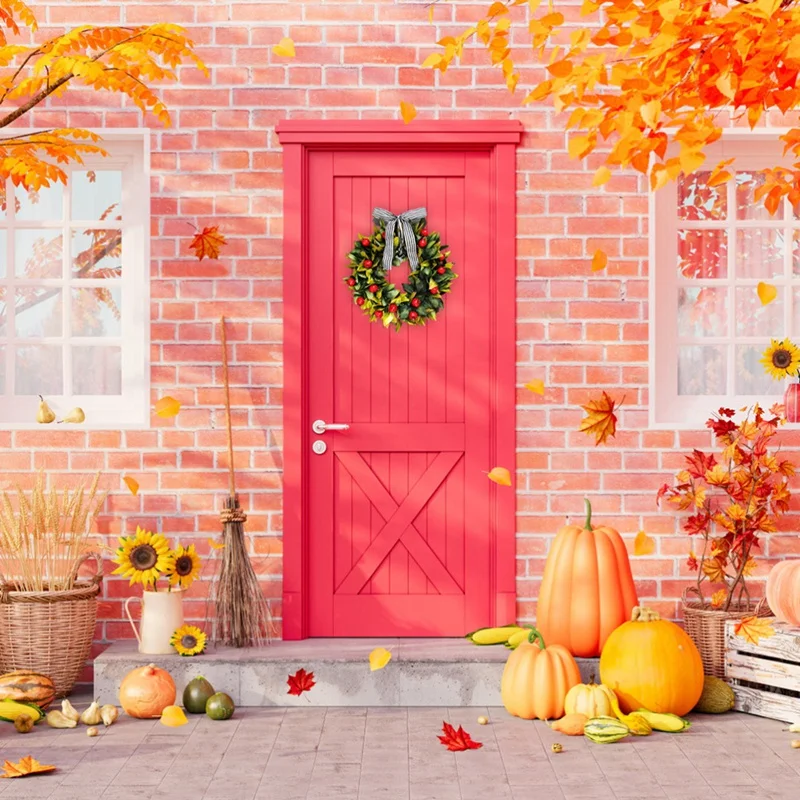 Couronne de grenade pour porte d'entrée, couronne de Thanksgiving avec nœud rayé pour la récolte, décoration d'intérieur et d'extérieur, décoration d'intérieur, automne, nouveau