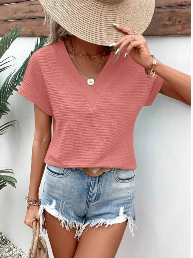 Women's Loose Summer Blouses T-shirt Elegant V-Neck Blouse Short Sleeve Simple T-shirt Women Pullover Top Streetwear Casual