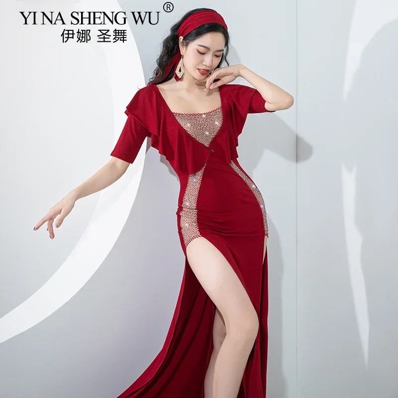 

Belly Dance Performance Costume for Women Short-sleeved High Split Dress Sexy baladi Belly Dancing Practice Performance Clothes