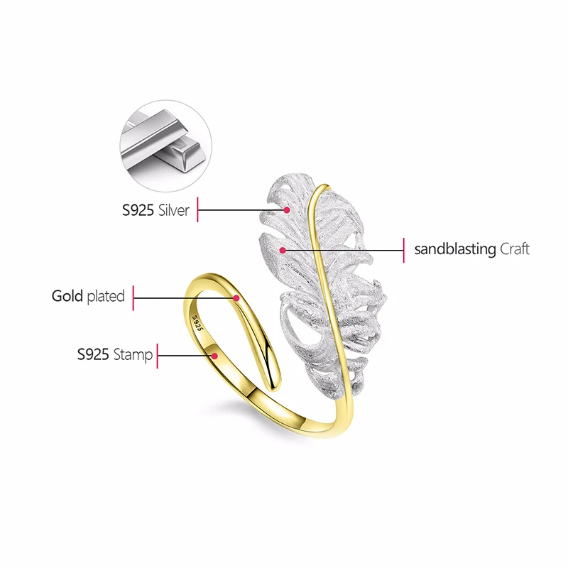 Lotus Fun 18K Gold Adjustable Luxury Vintage Long Goose Feather Rings for Women Real 925 Sterling Silver Dating Fine Jewelry