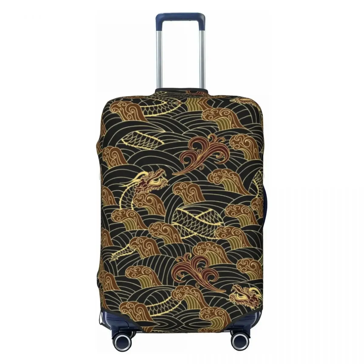 

Custom Black And Gold Dragons Travel Luggage Cover Elastic Japanese Wave Suitcase Cover Protector Fit 18-32 Inch